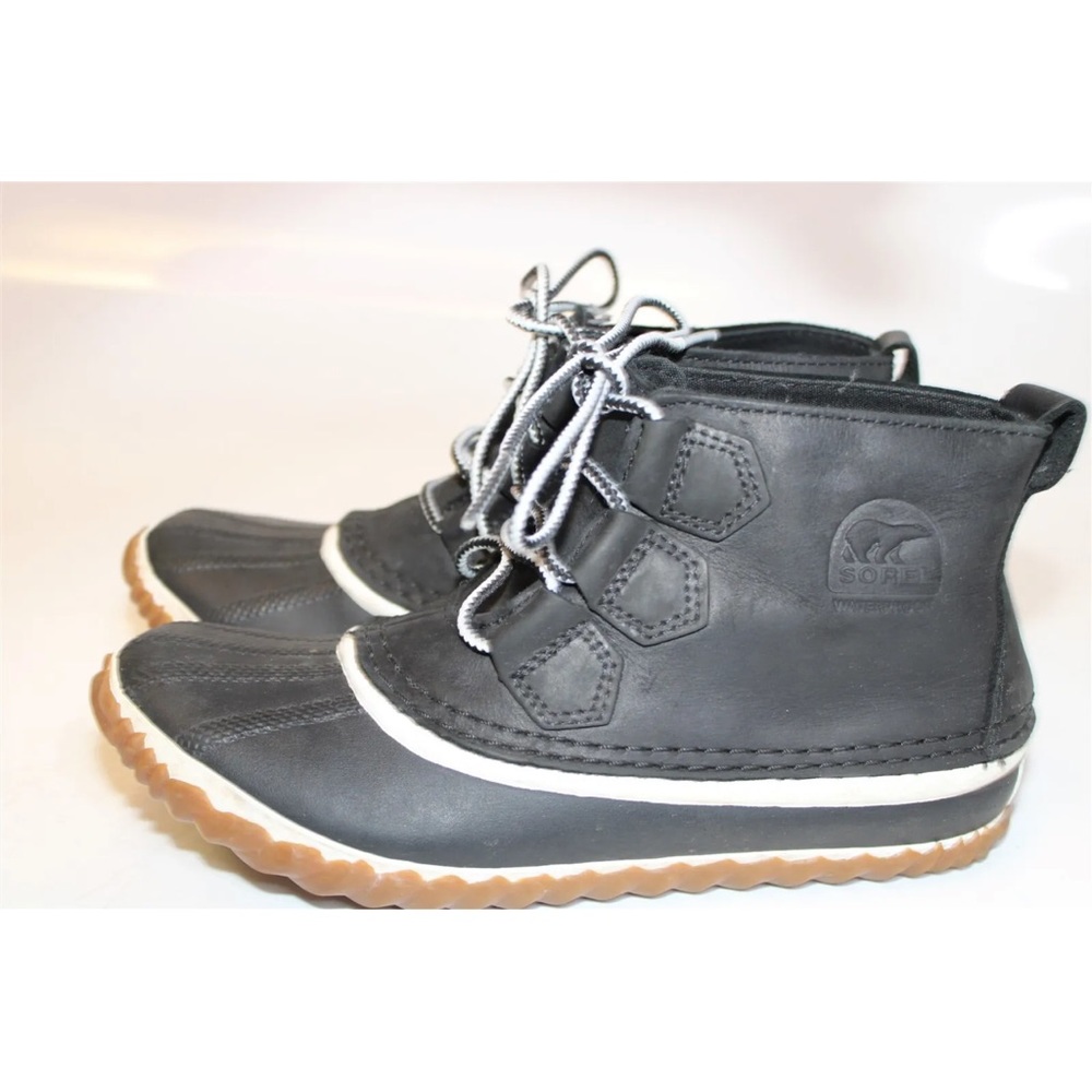 Sorel NL2133-011 Out N About Womens 6.5 37.5 Black Leather Lace Up Duck Boots